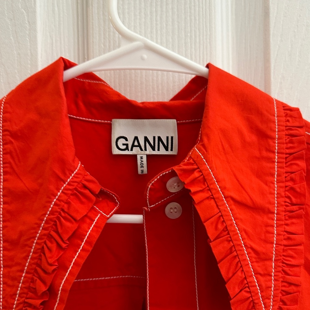 Ganni Bright Red Puff-Sleeve Button-Up Shirt - Picture 2 of 3